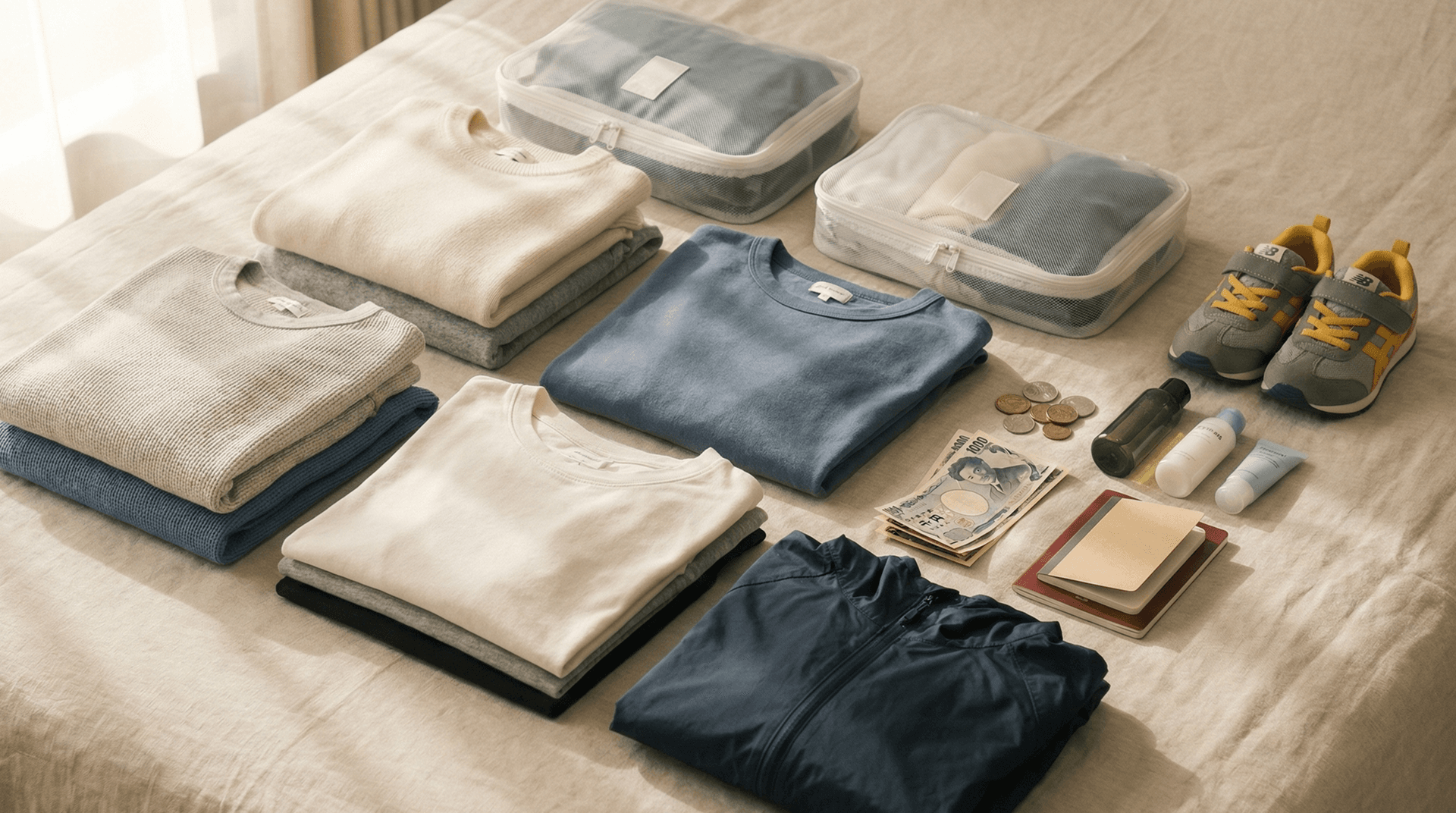 Neatly organized packing list with clothes